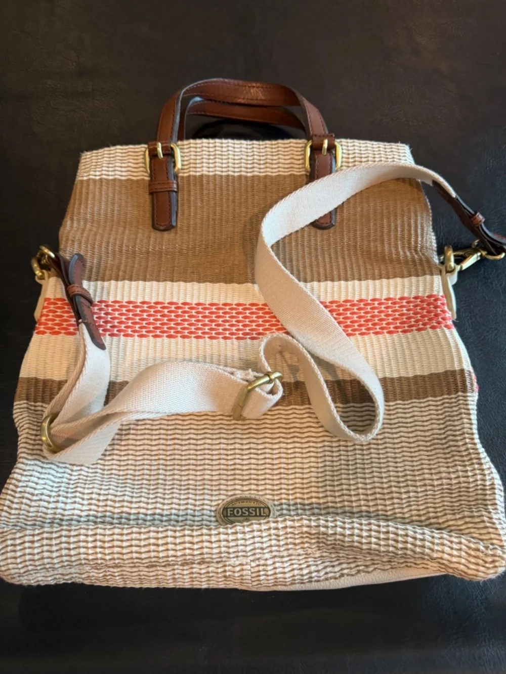 Fossil Explorer Fold Over Tote Purse with Strap Canvas Bag